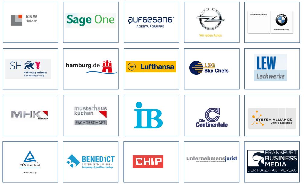 Auswahl von Auftraggebern: RKW Hessen, Sage One, Aufgesang, Opel, BMW, Landesregierung Schleswig-Holstein, hamburg.de, Lufthansa, LSG Sky Chefs, LEW Lechwerke, MHK Group, Musterhaus Küchen, Internationaler Bund, Die Continentale, System Alliance, TÜV Rheinland, Benedict, CHIP, Unternehmensjurist, Frankfurt Business Media.